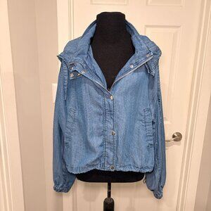 Catherine Malandrino Flowy Jean Jacket with a hood and drawstrings, Sz M